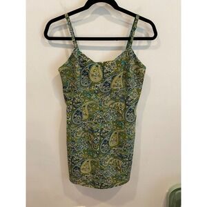 Vintage Express World Brand Green Paisley Romper Spaghetti Strap Sz 7/8 90s Y2K
